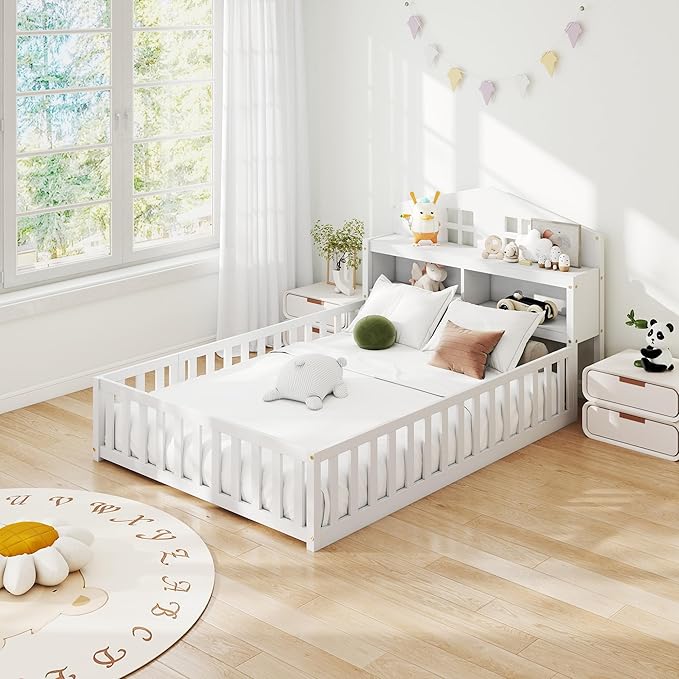 mikibama Twin Floor Bed for Kids, Wooden Montessori Bed Frame with Headboard Bookcase, Storage Shelves & Safety Fence Rails, Kids Floor Bed Frame with Door for Girls, Boys, White