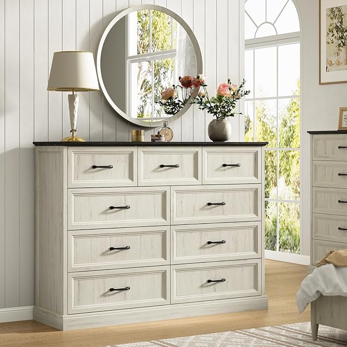 CARPETNAL Farmhouse Dresser and Nightstand Sets for Bedroom, 3 Pcs Bedroom Set, 9 Drawer Dresser & Nightstand Set of 2, Modern Wood Chest of Drawers for Bedroom, Living Room, Entryway, White