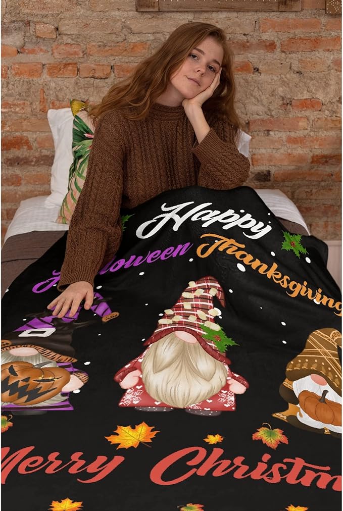 Thuswarm Happy Halloween Thanksgiving Christmas Flannel Throw Blanket Soft Warm Gnomes Print Blankets for Bed Couch Sofa Room Decoration Gifts 120”×90” Extra Large for Family