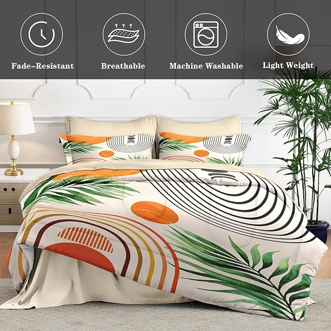5 Pcs Twin Size Comforter Set with Pillowcase & Sham, Contemporary Mid Century Bedding for Kids and Adults, Rainbow Sun Boho Geometric Bed in a Bag with Flat Fitted Sheet