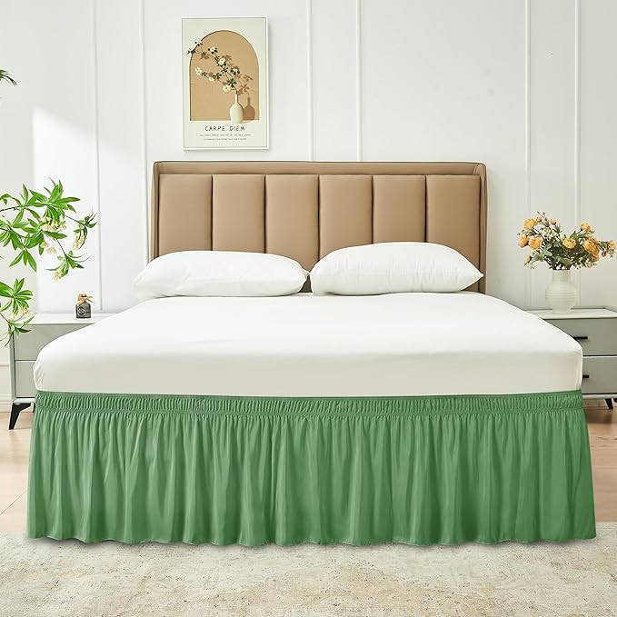 Biscaynebay Wrap Around Bed Skirts for Queen Beds Short Drop of 12", Sage Adjustable Elastic Dust Ruffles Easy Fit Wrinkle Resistant Silky Luxurious Fabric Machine Washable
