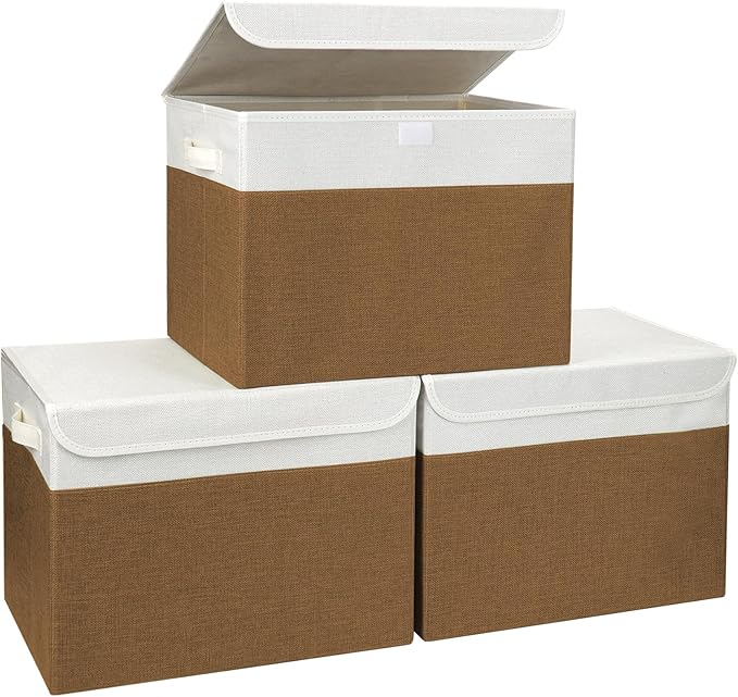Large 17" 42 Quarts Collapsible Stackable Storage Bins with Lids [3-Pack] Foldable Fabric Linen Storage Boxes Cube, Closet Organizer Baskets with Label for Home (16.7 x 12 x 12", Brown & White)