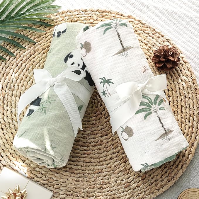BOPRIO Muslin Baby Blankets for Boys Girls, Breathable Muslin Cotton with 3D Dotted Fleece Backing, Super Soft Swaddle Blankets with Cute Panda Design, Nursery Bedding Newborn Gift 30 x 40 Inch