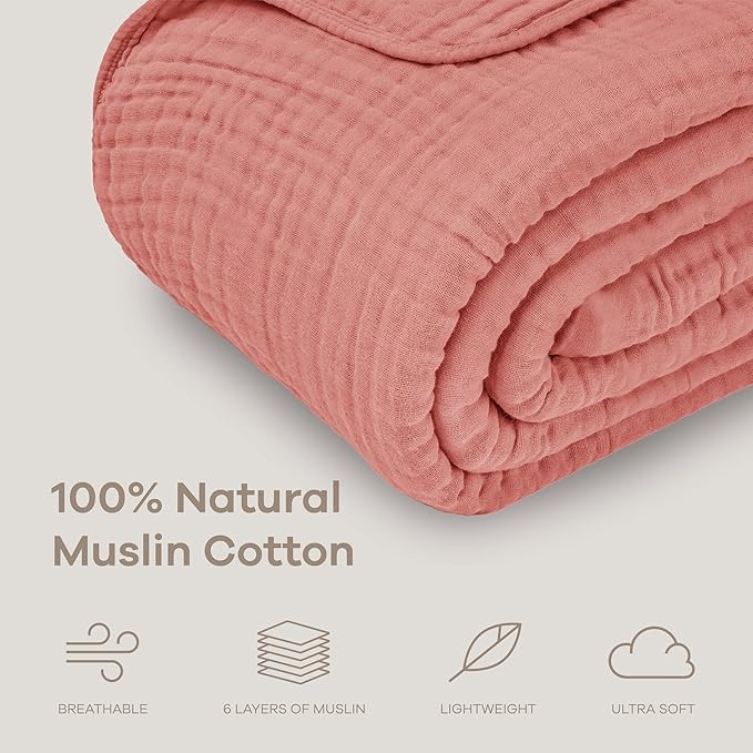 Comfy Cubs Muslin Blanket for Adults Twin 90" x 66" - 6 Layer Soft, Breathable & Lightweight Muslin Adult Blanket - Machine Washable & Designed in The US Bedding for All Seasons - Dusty Rose
