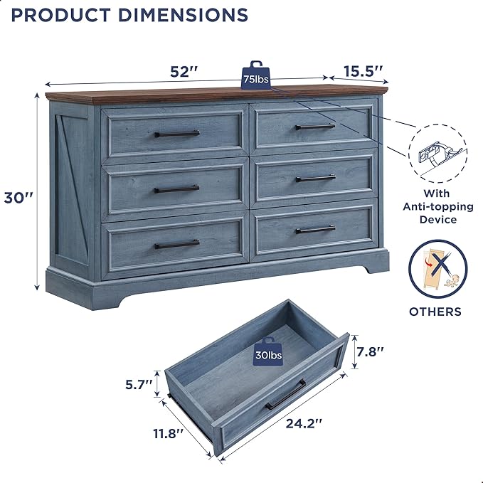 ACCOHOHO Farmhouse 6 Drawer Dresser for Bedroom, 52 Inch Wide Modern Dresser TV Stand with Large Drawers & Bar Handles, Rustic Wood Chest of Drawers for Bedroom, Living Room, Hallway, Blue