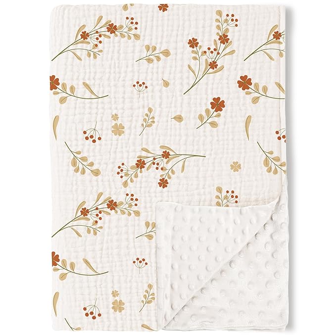Konssy Baby Blankets for Unisex Boys Girls, Super Soft Nursery Minky Blankets with Muslin Cotton Front and Dotted Fleece Backing, Printed Bed Throws Newborn