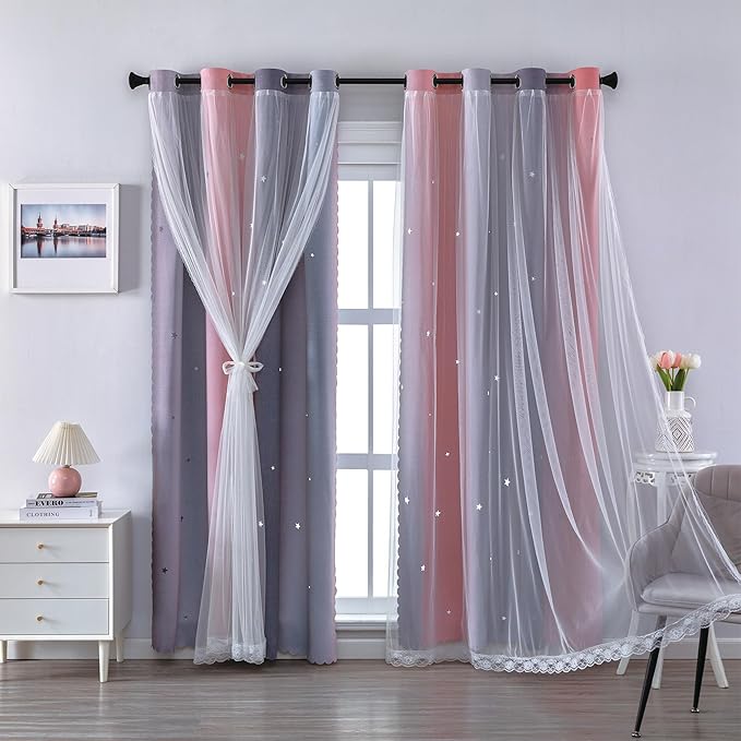XiDi Pink Grey 54 Inches Curtains for Girls Bedroom 2 Panels Set, Blackout Rainbow Curtains for Kids Room Decor, Unicorn Wall Decals Drapes for Little Girl Nursery Room 52 Inches Wide
