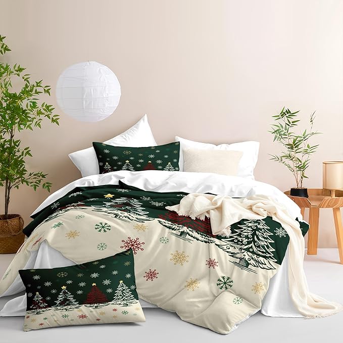 Christmas Duvet Cover King Size Green Christmas Tree Bedding Set 3 Pieces Kids Boys Girls Xmas Holiday Cartoon Snowflake Comforter Cover with Zipper Closure