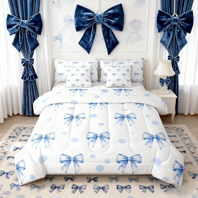 7 Pieces Blue Bowknot Kids Comforter Twin Size,Geometric Dots Bow Tie Patchwork Romantic Bedding Set,Bow Knot Princess Cute White Chic（Comforter+Fitted+Flat+2 Pillowcases+2 Throw Pillow Covers）