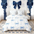 7 Pieces Blue Bowknot Kids Comforter King Size,Geometric Dots Bow Tie Patchwork Romantic Bedding Set,Bow Knot Princess Cute White Chic（Comforter+Fitted+Flat+2 Pillowcases+2 Throw Pillow Covers）