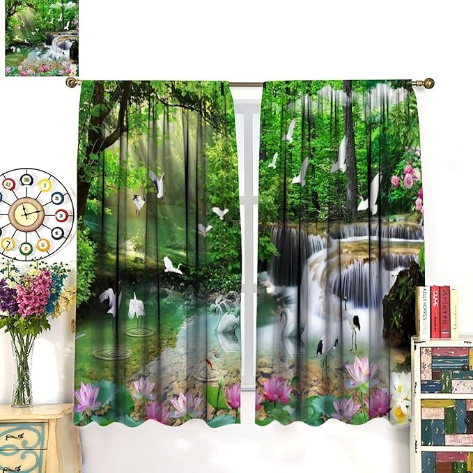 Nature Blackout Curtain, Waterfall Landscape Forest Swan Fish Pattern Rod Pocket Window Drapes, for Bedroom Living Room 84" W X 84" L