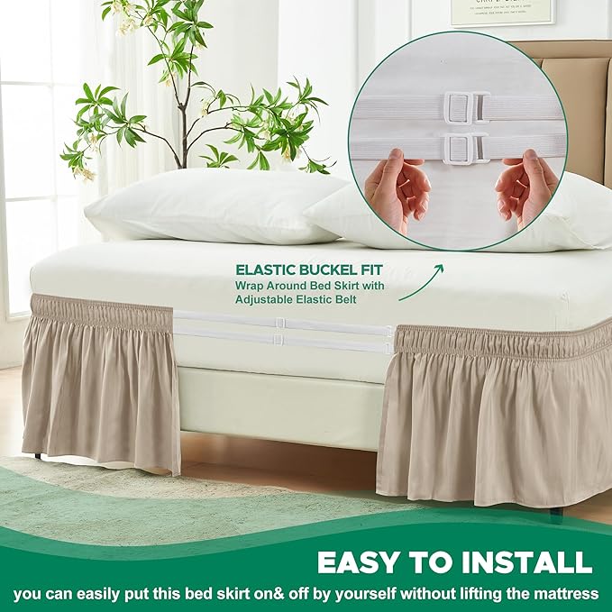 Biscaynebay Wrap Around Bed Skirts for Queen Beds with Short Drop of 12", Light Camel Adjustable Elastic Dust Ruffles Easy Fit Wrinkle Resistant Silky Luxurious Fabric Machine Washable