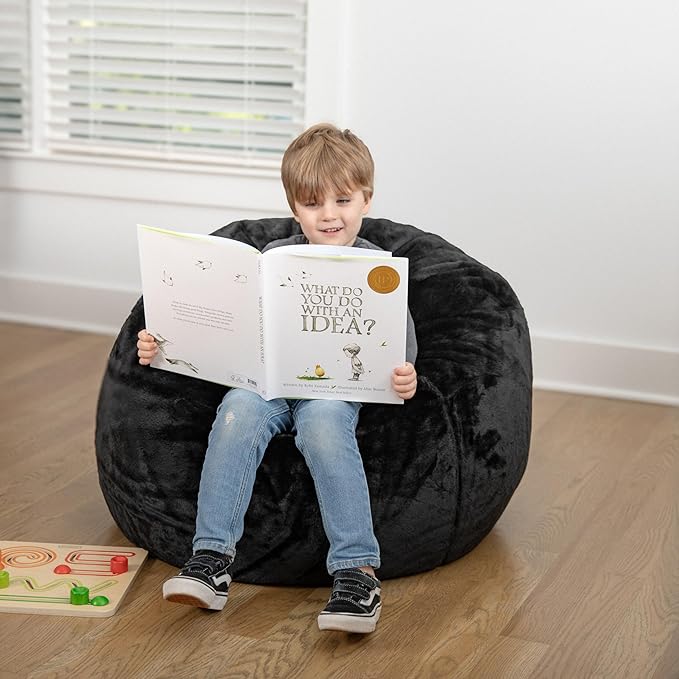 EMMA + OLIVER Daisy Small Black Furry Bean Bag Chair for Kids and Teens
