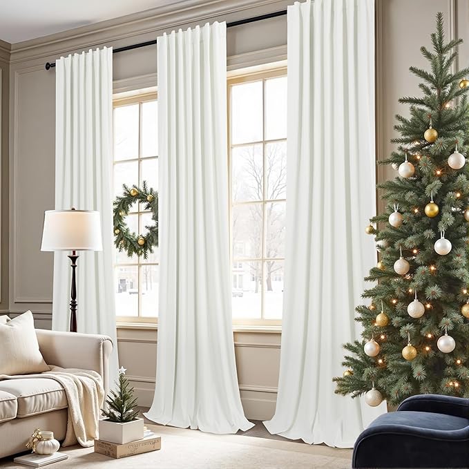 Ivory 100% Blackout Curtains 96 Inches Long 2 Panels Farmhouse Style Bedroom Windows Viral Basic Curtains for Living Room Black Out Neutral Drapes Linen Textured 52x96 Length Back Tab Pocket Off White