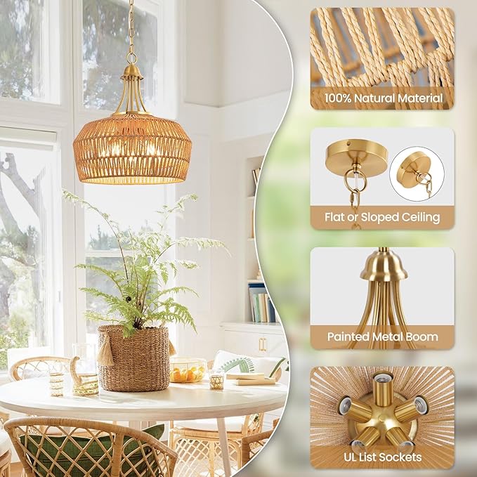 18.5'' Rattan Chandeliers for Dining Room, 5-Light Boho Pendant Light, Hand Woven Lampshade for Kitchen Island, Bedroom, Living Room, Height Adjustable