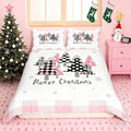 Merry Christmas Duvet Cover Set Twin Size, Pink Plaid Xmas Trees Bedding Set 2pcs, New Year Holiday Quilt Cover with Zipper Closures, Kids Girls Santa Claus Room Decor, 1 Pillowcase, No Comforter