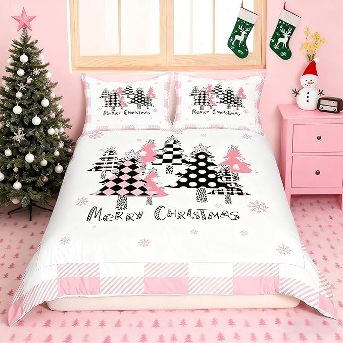 Merry Christmas Duvet Cover Set Queen Size, Pink Plaid Xmas Trees Bedding Set 3pcs, New Year Holiday Quilt Cover with Zipper Closures, Kids Girls Santa Claus Room Decor, 2 Pillowcases, No Comforter