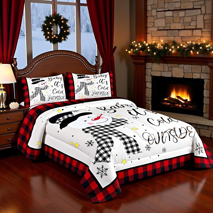 Kids Christmas Snowman Comforter Set Full Size,Snowflake Winter Bedding Set,Girls Boys Adults Xmas Decor,Geometric Grids Lattices Patch Down Comforter,Red Rustic Vintage Duvet Insert,2 Pillowcases