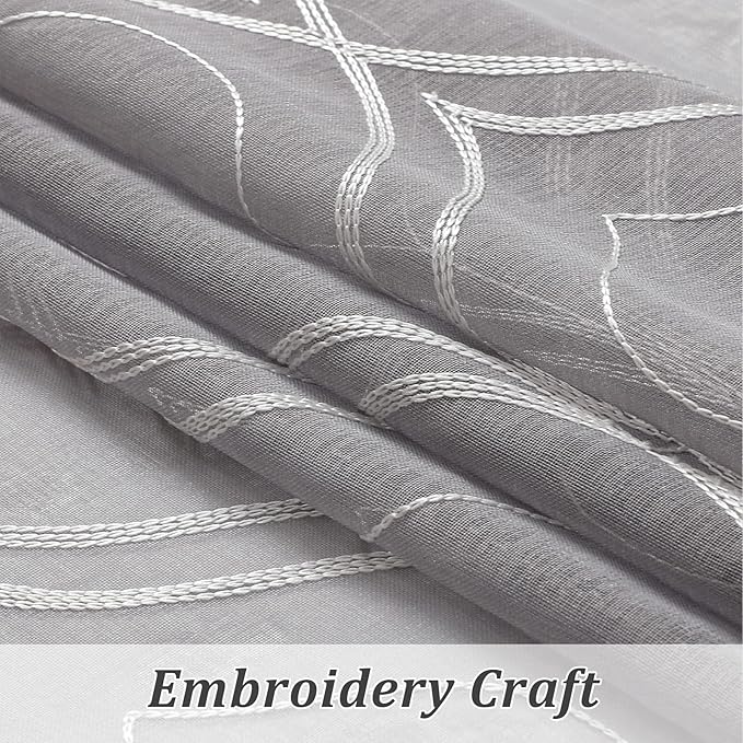 VISIONTEX White Sheer Curtains 108 Inches Long 2 Panels Set Grey Moroccan Embroidered Curtains Trellis French Textured Rod Pocket Voile Tulle Semi Window Drapes for Bedroom Living Room 54 x 108 Inch