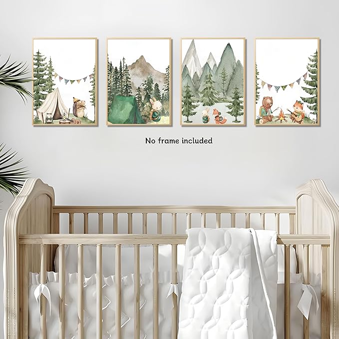 Kousne Woodland Adventure Nursery Canvas Wall Art Set of 4 Camping Animal Prints BearFox Rabbit Hiking PostersForest Mountain Themed Kids Room PictureNature Exploration Wall Decor Frameless 8x10In ﻿