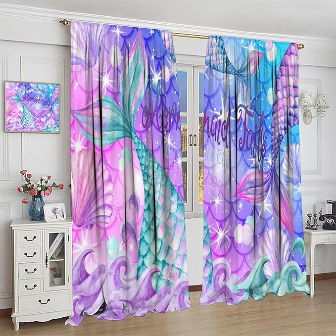 Dream Mermaid Curtain Colorful Mermaid Shell Ocean Theme Fantasy Blackout Curtains for Kids Boys Girls Bedroom Nursery Room Decor Rod Pocket Window Drapes 55x63in