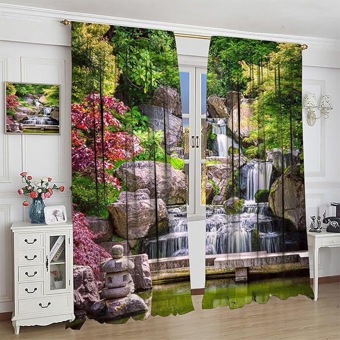 View Waterfall Blackout Curtains, Forest Waterfall Retro Style Natural Scenery Garden Art Landscape Rod Pocket Window Drapes, for Living Room Bedroom 52" W X 84" L