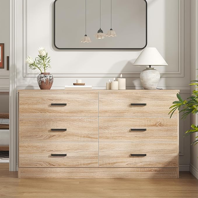Bigbiglife Dresser for Bedroom, 6 Drawer Double Dresser, Modern Chest of Drawers with Deep Drawers, TV Stand Large Storage Organizer for Living Room, Closet (Light Oak)