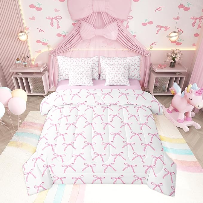 7 Pieces Cartoon Bowknot Kids Comforter King,Pink Bow Tie Butterfly Knot Princess Bedding Set,Watercolor Bow Patchwork Pink White（Comforter+Fitted+Flat Sheet+2 Pillowcases+2 Throw Pillow Covers）