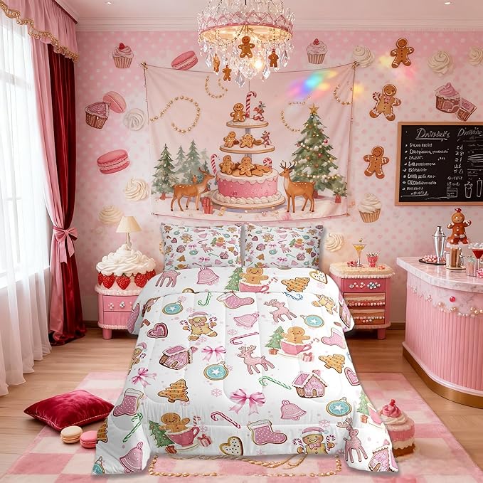 Cute Bow Tie Kids Comforter Set Queen Size,Pine Tree Merry Christmas Elk Deer Bedding Set,Room Decor,Bowknot Gingerbread Man Snowflake Quilt,Pink Colorful Duvet Set Bedroom Quilt Set,2 Pillowcases