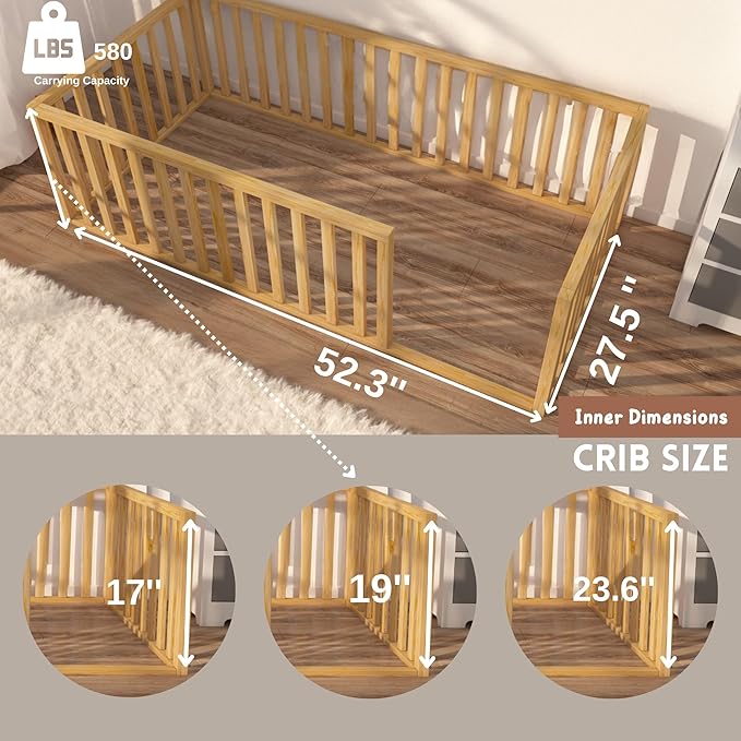 Montessori Floor Bed for Kids 52x27,5'' | Toodlers Floor Bed with Safety Guardrails | Pine Wood Baby Bed | Sturdy Wood Frame Bed for Girls and Boys (Crib, Height : 17 Inches)