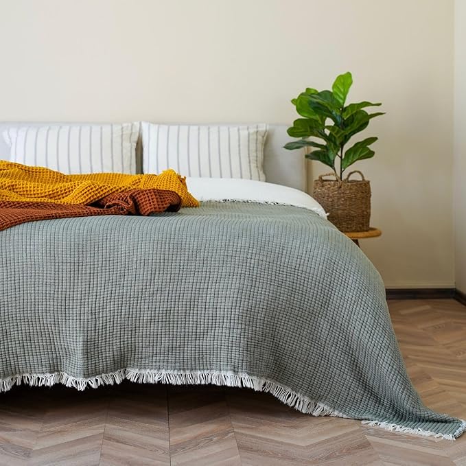 Cotton Muslin Blanket – Soft Muslin Comforter Quilt Made from Premium Muslin Fabric, Lightweight Breathable Cotton Quilt for All Seasons (Sage Gray, Twin)