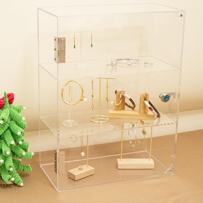 Acrylic Display Case with Lock Key, 3 Shelf Locking Countertop Display Case Cabinet Showcase with Shelves for Collectibles Office Retail Display Safe Storage 11.8x5.9x15.7 Inch