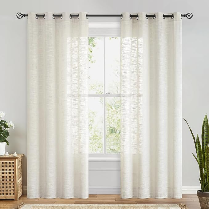 FMFUNCTEX Linen Semi Sheer Curtains for Bedroom, Natural Curtains 96 Inches Long for Living Room, Country Farmhouse Sheer Drapes, Light Filtering Window Curtain, Grommet Top 2 Panels