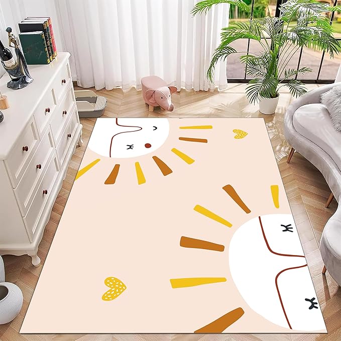 Children's Rug Living Room Plush Area Rugs Educational Rugs Soft Washable Non-Slip Rugs Simple Cute Sun and Love Prints Kids Room Nursery Decor Pink Rugs 5x7ft