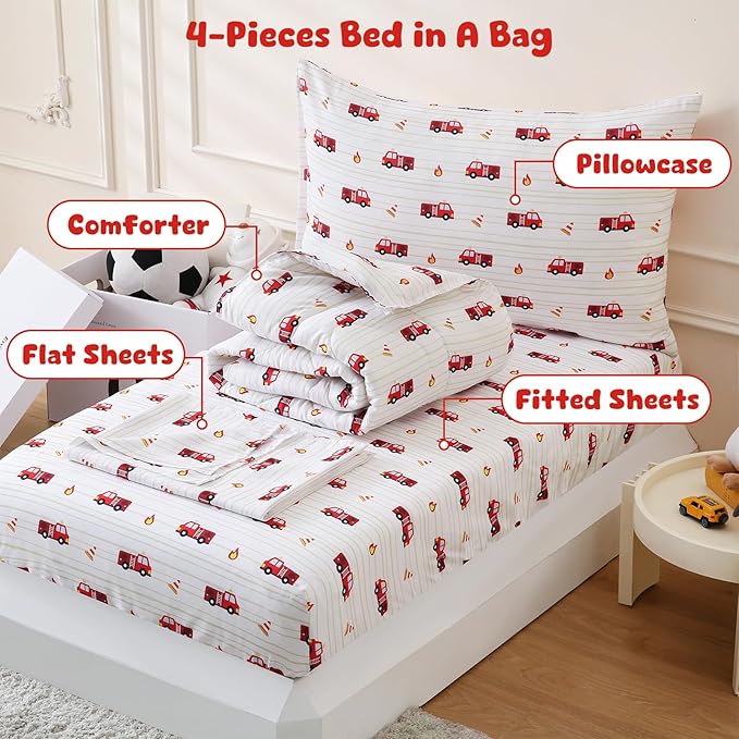 LONAVA Twin Kids Comforter Set - 4 Pieces Twin Bedding Sets for Boys Girls Children, Ultra Soft Microfiber Bed in A Bag with Flat Fitted Sheets, Fire Truck