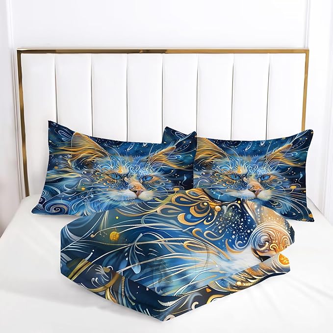 Cat Comforter Set Twin: Blue Exotic Cat Bedding Set for Kids Teens Girls Boys Room Decor Boho Mandala Ethnic Kitten Quilt Bed Sets 1 Comforter & 1 Pillowcase