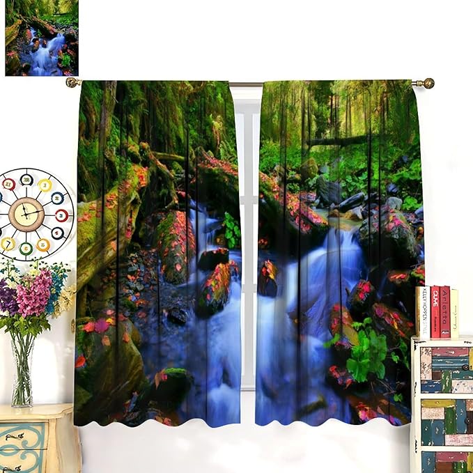 Forest Landscape Blackout Curtains, Natural River Rainforest Waterfalls Plant Print Pattern Window Drapes, for Bedroom Living Room 63" W X 72" L