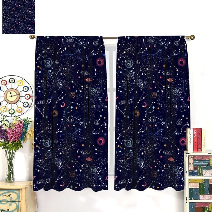 Kids Galaxy Curtains, Fantasy Stars Outer Space Universe Planets Print Window Treatments for Boys Girls Bedroom Nursery Playroom 42" W X 63" L