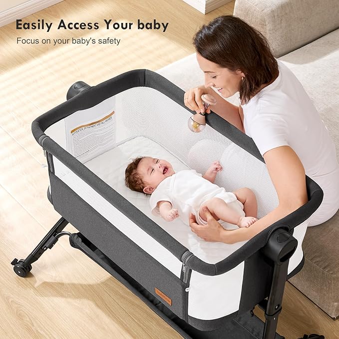 Bassinet Bedside Sleeper - All-Mesh Design, Portable Bedside Bassinet for Baby with Washable Mattress, 5 Adjustable Heights (Black)