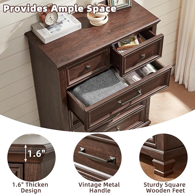 Farmhouse Bedroom Dresser and Nightstand Set of 4, 6 Drawer Tall & 5 Drawers Dresser & 2 Drawer Nightstand Set, Rustic Wood Furniture Set for Bedroom, Hallway, Walnut