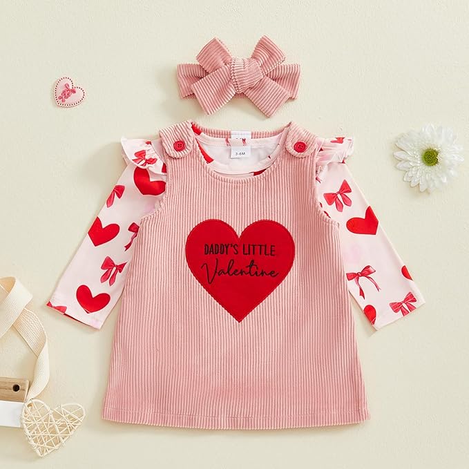 FIOMVA My First Valentines Day Outfit Clothes Baby Girl Romper Love Onesie Heart Embroidery Overalls Suspender Dress Set