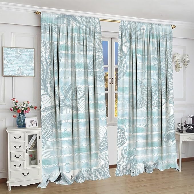 Starfish Curtains，Starfish and Seashells Coastal Curtain Ocean Themed Underwater Marine Decor Waterproof Fabric Curtain Set 2 Panels,42x54 Inches