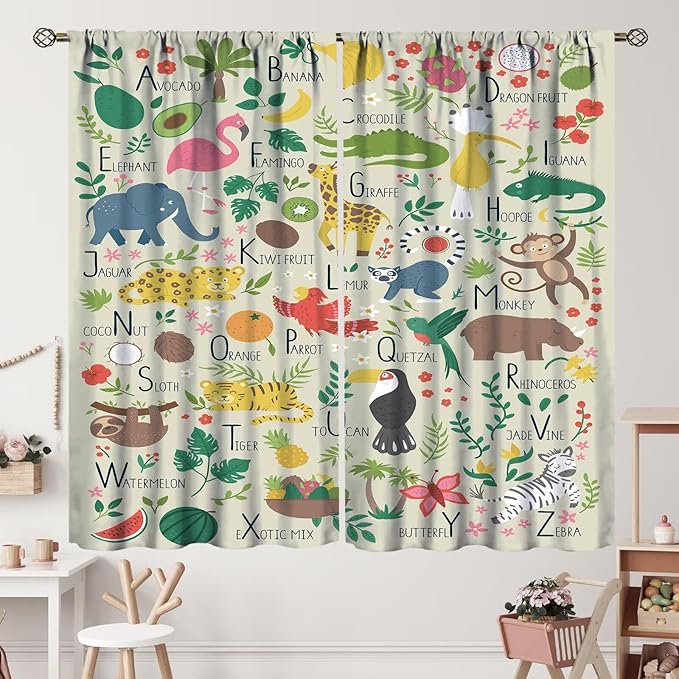 Kid Alphabet Curtains Funny Cartoon Animal Cute Educational Learning Colorful Curtain with Rod Pocket for Bedroom Living Room Decor Drapes Window Treatments 2 Panels Set 52" W X 84" L