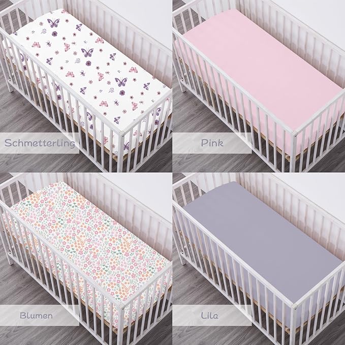 Little Grape Land Crib Sheets for Girls, 4-Pack Soft Microfiber Fitted Baby Sheets for Standard Crib and Toddler Mattress 28x52x8 Inch – Breathable & Secure (Butterfly, Floral, Pink, Purple)