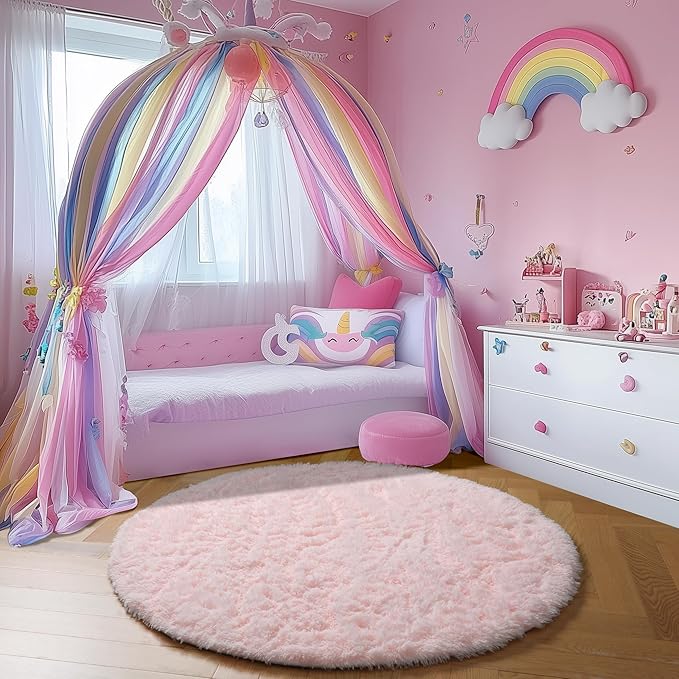 Pink Round Area Rugs 6Ft for Bedroom Living Room, Big Fluffy Shag Circle Rug for Kids Playroom, Cute Preppy Room Decor for Teen Girls, Cozy Fuzzy Furry Plush Carpets for Baby Nursery, Dorm, Classroom