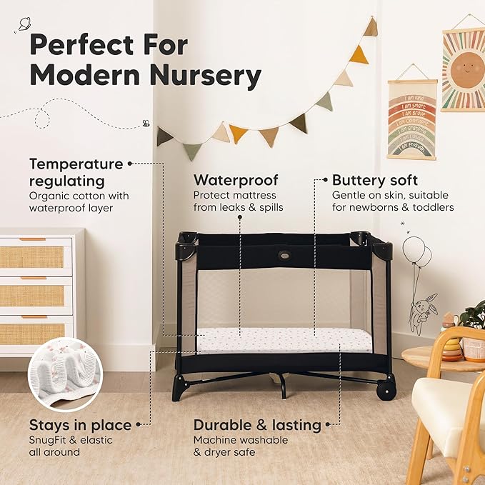 2-Pack Pack and Play Sheets, Waterproof Mini Crib Sheets Fitted - Organic Cotton Pack N Play Sheets for Graco Pack and Play Mattress,Playard Baby Crib Sheets,Neutral for Boy,Girl,Toddler (Butterflies)
