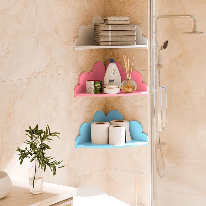 Cloud Floating Corner Shelves - Set of 3 Wood Corner Shelf Wall Mounted, White Nursery Wall Decor, Small Cute Display Shelf for Kid's Room Bedroom Living Room Bathroom