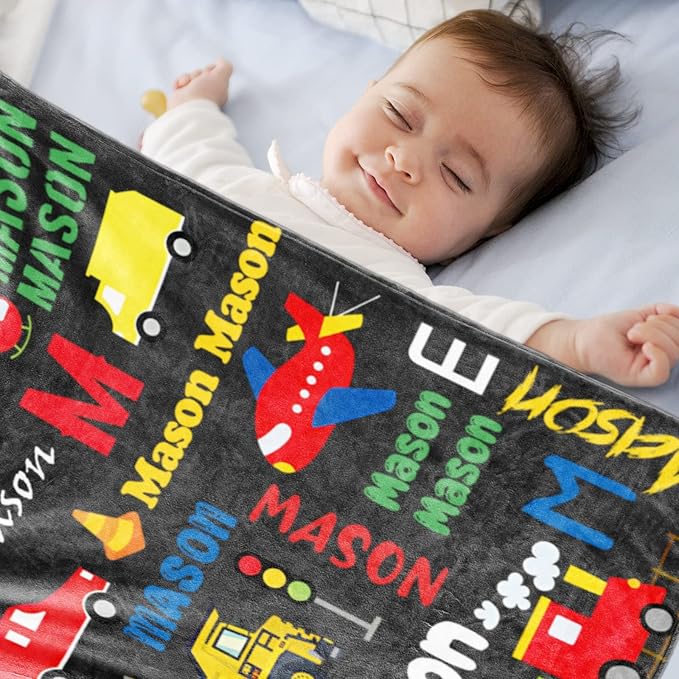 Personalized Blanket with Name for Boys, City Car Transport Custom Name Blanket, Soft Flannel Toddler Blankets Customized Gift for Newborn Baby Shower Birthday-30 x40