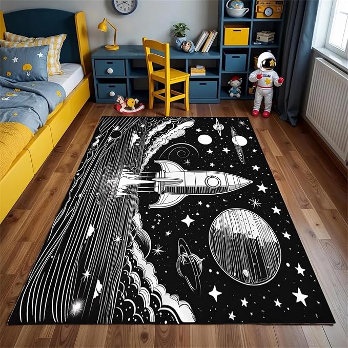 Space Planet Theme Area Rug,5x8ft,Universe Outer Space Rugs for Kids Bedroom Space Carpet Universe Solar System Planet Theme Carpets for Living Room Nursery Room Toddler Classroom Decor