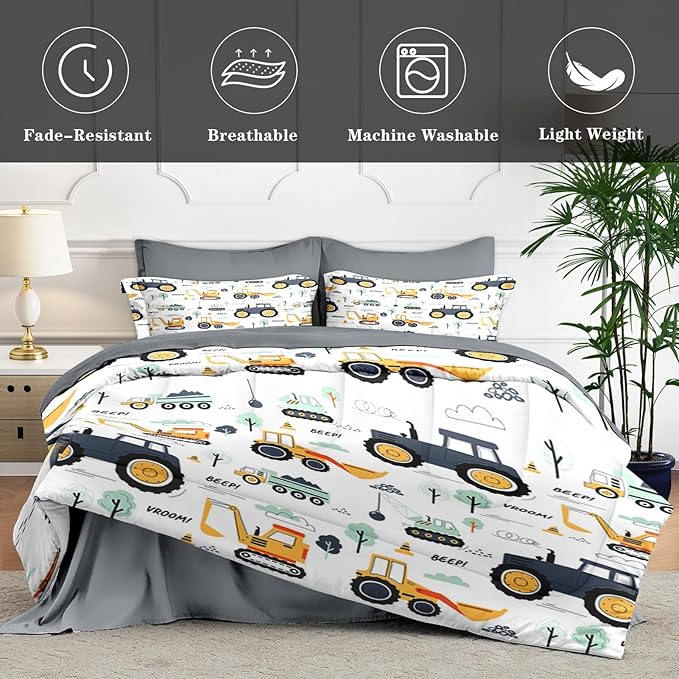 7 Pcs King Size Comforter Set with 2 Pillowcases & 2 Shams, Tractor Bedding for Kids and Adults, Construction Truck Bedding Set with Flat & Fitted Sheet